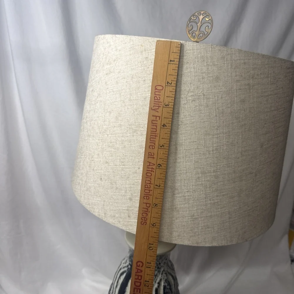 VTG MCM Pottery Lamp Geometric Textured Blue Black White Groovy Design Wood Neck